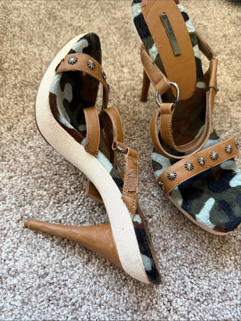 Studded Camouflage Slingback Heels in Tan